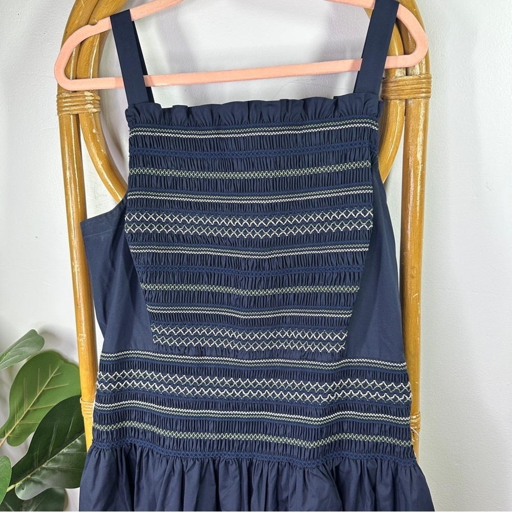 Jason Wu Smocked Drop Waist Midi Dress Navy Blue sz 14 - Picture 5 of 11